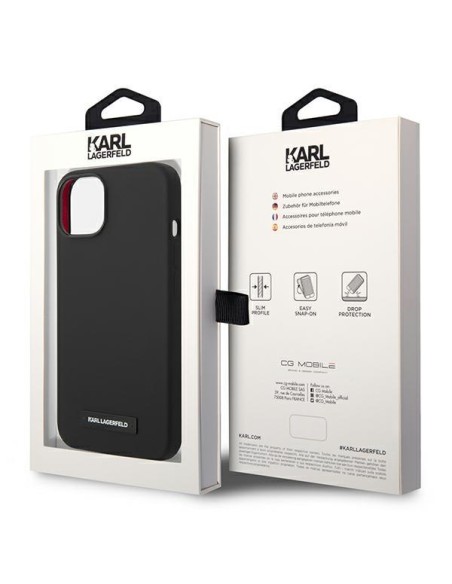 Karl Lagerfeld Silicone Plaque MagSafe dėklas iPhone 14 - juodas Karl Lagerfeld Silicone Plaque MagSafe dėklas iPhone 14 - juodas