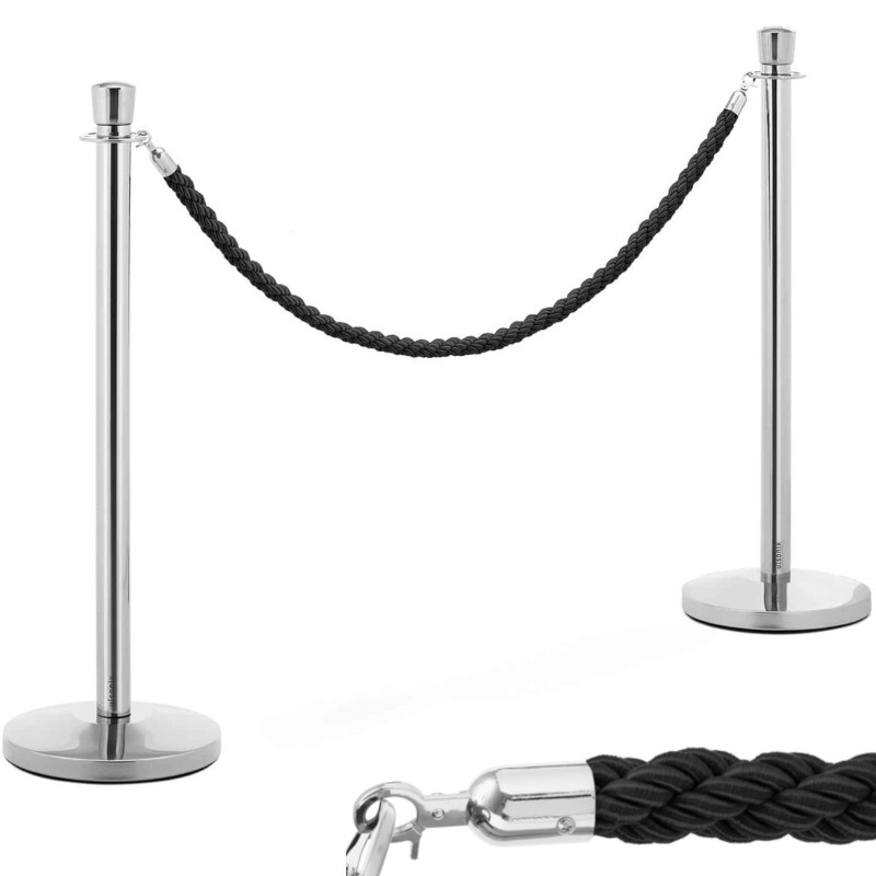 Sidabrinis viešbučio barjerinis stulpas su juoda virve 150 cm - 2 vnt.