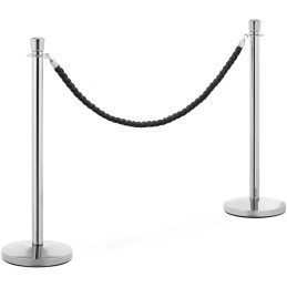 Sidabrinis viešbučio barjerinis stulpas su juoda virve 150 cm - 2 vnt.