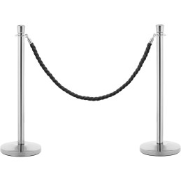 Sidabrinis viešbučio barjerinis stulpas su juoda virve 150 cm - 2 vnt.
