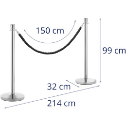 Sidabrinis viešbučio barjerinis stulpas su juoda virve 150 cm - 2 vnt.