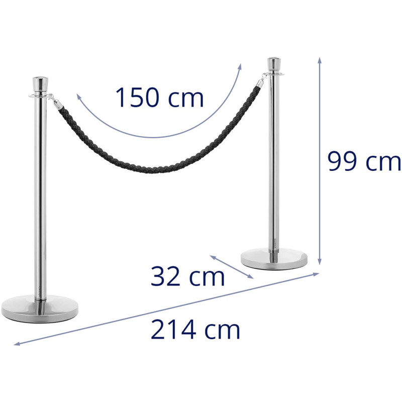 Sidabrinis viešbučio barjerinis stulpas su juoda virve 150 cm - 2 vnt.