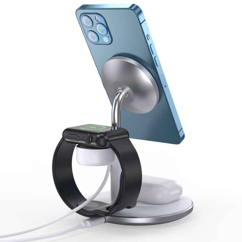 Magnetinis belaidis įkroviklis iPhone AirPods Pro + laikiklis Apple Watch 3in1 baltas