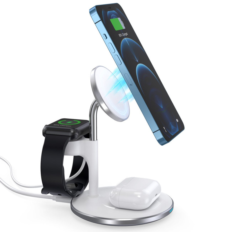 Magnetinis belaidis įkroviklis iPhone AirPods Pro + laikiklis Apple Watch 3in1 baltas