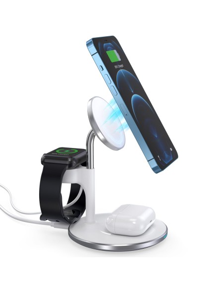 Magnetinis belaidis įkroviklis iPhone AirPods Pro + laikiklis Apple Watch 3in1 baltas Magnetinis belaidis įkroviklis iPhone AirPods Pro + laikiklis Apple Watch 3in1 baltas