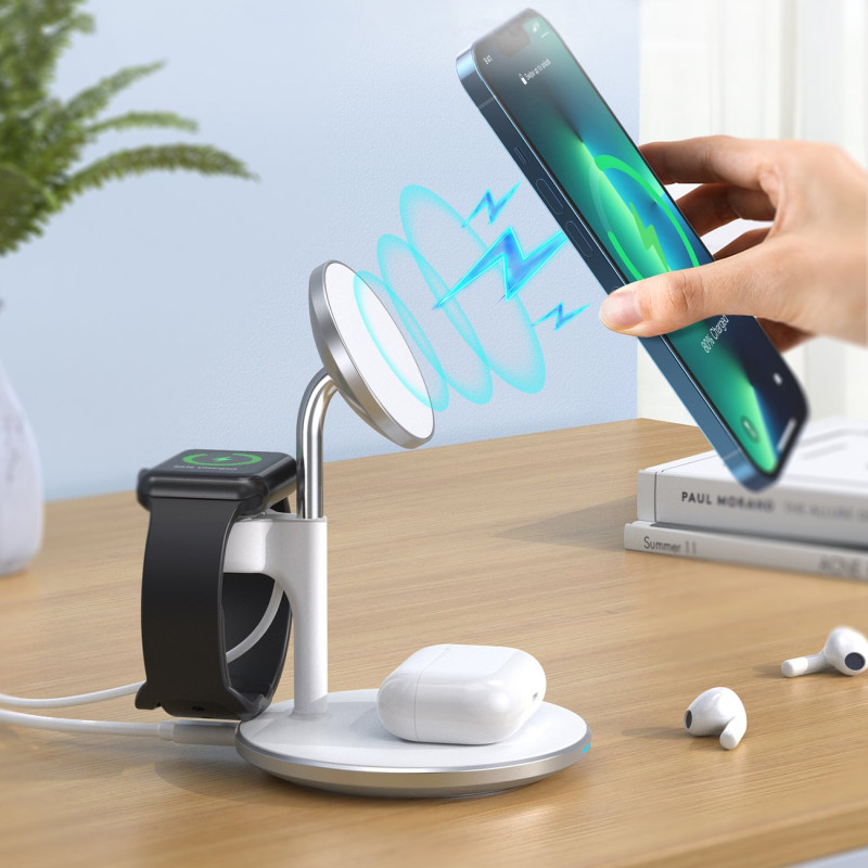 Magnetinis belaidis įkroviklis iPhone AirPods Pro + laikiklis Apple Watch 3in1 baltas