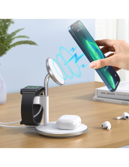 Magnetinis belaidis įkroviklis iPhone AirPods Pro + laikiklis Apple Watch 3in1 baltas Magnetinis belaidis įkroviklis iPhone AirPods Pro + laikiklis Apple Watch 3in1 baltas