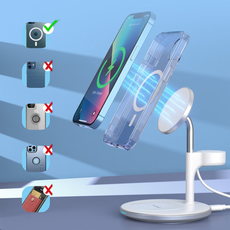 Magnetinis belaidis įkroviklis iPhone AirPods Pro + laikiklis Apple Watch 3in1 baltas