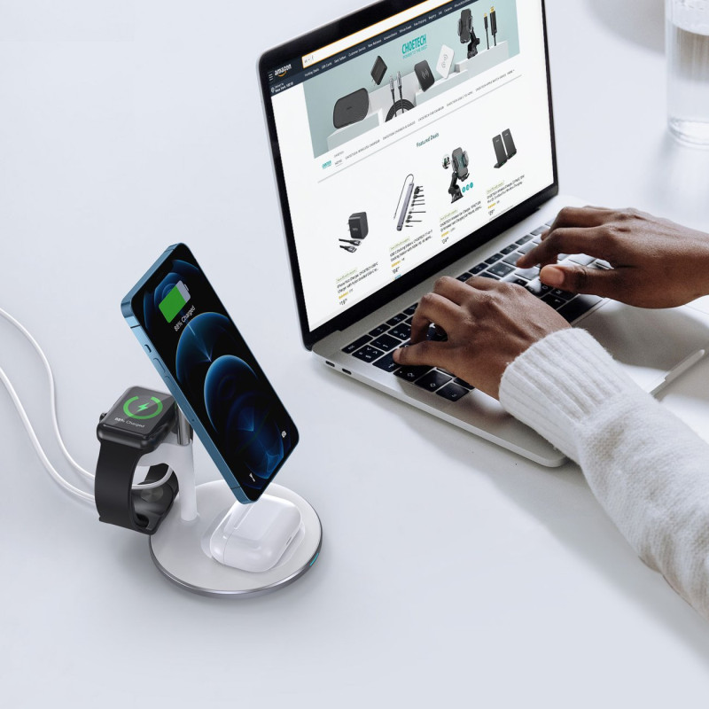 Magnetinis belaidis įkroviklis iPhone AirPods Pro + laikiklis Apple Watch 3in1 baltas