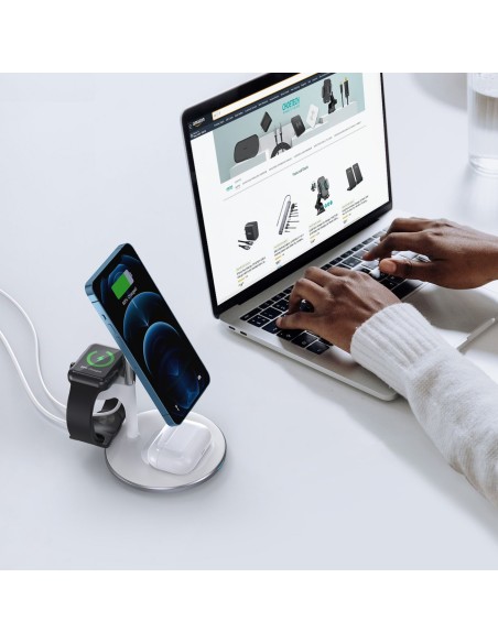 Magnetinis belaidis įkroviklis iPhone AirPods Pro + laikiklis Apple Watch 3in1 baltas Magnetinis belaidis įkroviklis iPhone AirPods Pro + laikiklis Apple Watch 3in1 baltas