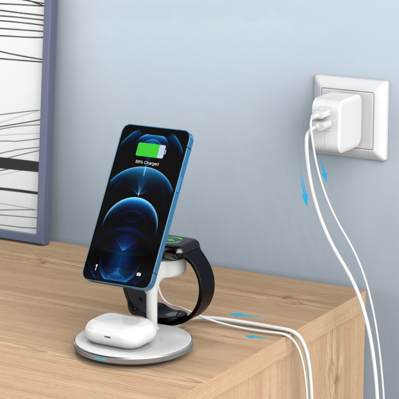 Magnetinis belaidis įkroviklis iPhone AirPods Pro + laikiklis Apple Watch 3in1 baltas
