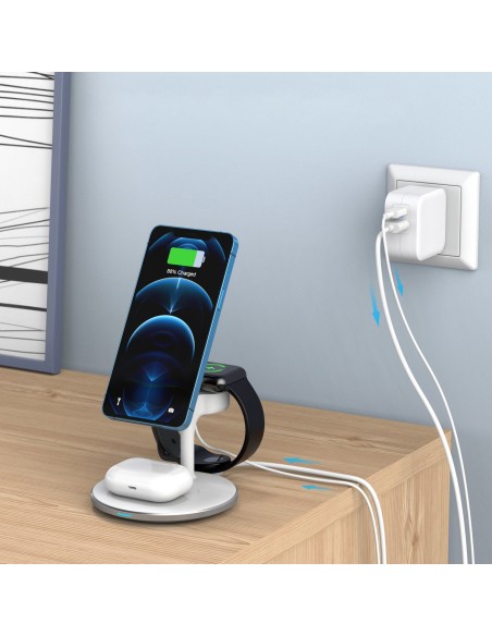 Magnetinis belaidis įkroviklis iPhone AirPods Pro + laikiklis Apple Watch 3in1 baltas Magnetinis belaidis įkroviklis iPhone AirPods Pro + laikiklis Apple Watch 3in1 baltas