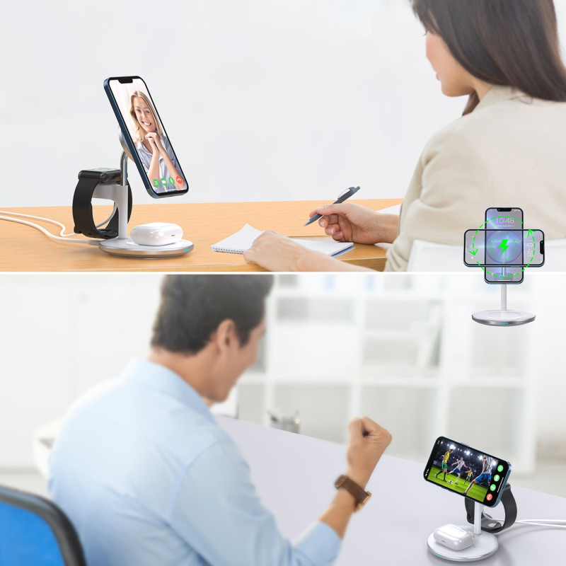Magnetinis belaidis įkroviklis iPhone AirPods Pro + laikiklis Apple Watch 3in1 baltas