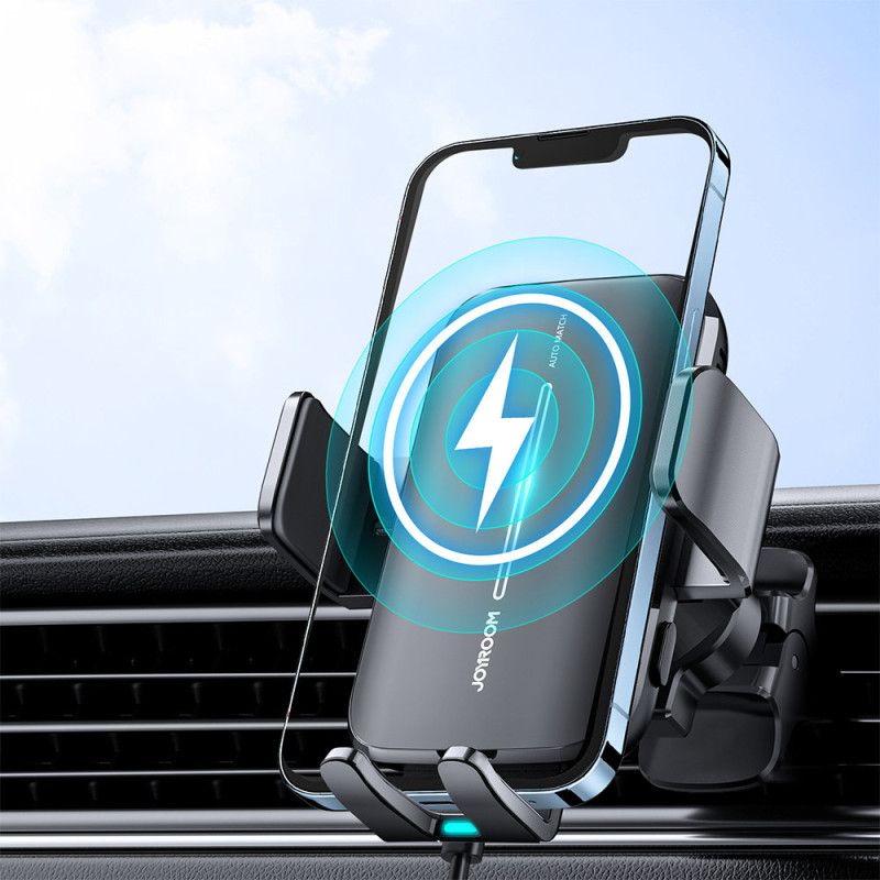 Juodas automobilinis laikiklis su 15W belaidžiu įkrovikliu orlaidei