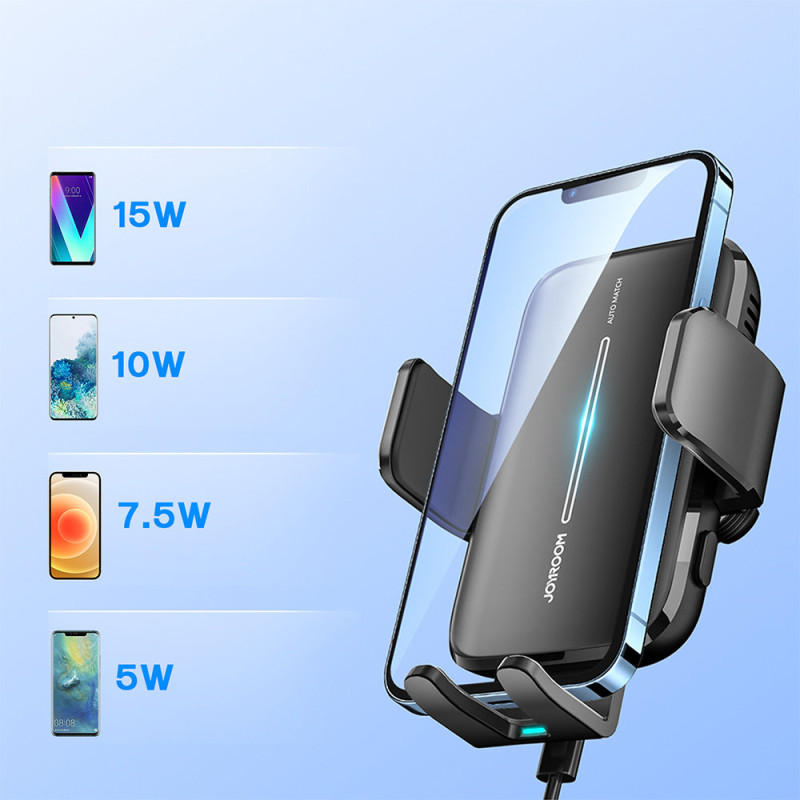 Juodas automobilinis laikiklis su 15W belaidžiu įkrovikliu orlaidei