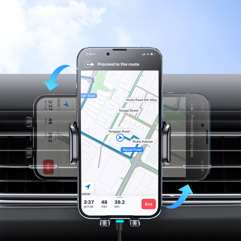 Juodas automobilinis laikiklis su 15W belaidžiu įkrovikliu orlaidei