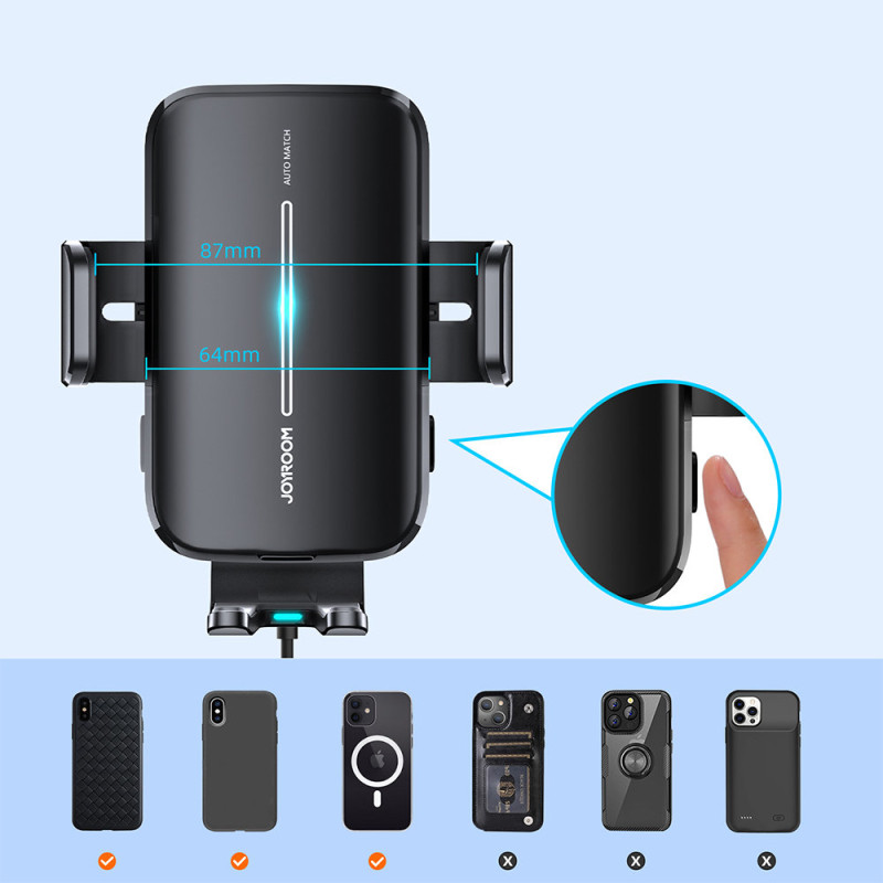 Juodas automobilinis laikiklis su 15W belaidžiu įkrovikliu orlaidei