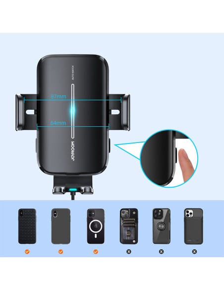 Juodas automobilinis laikiklis su 15W belaidžiu įkrovikliu orlaidei