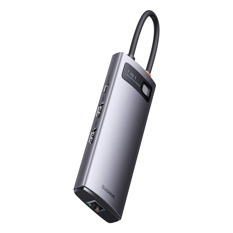 Prijungimo stotis HUB 7in1 USB-C 2xHDMI 3xUSB 3.2 1xPower Delivery RJ-45 Ethernet pilka