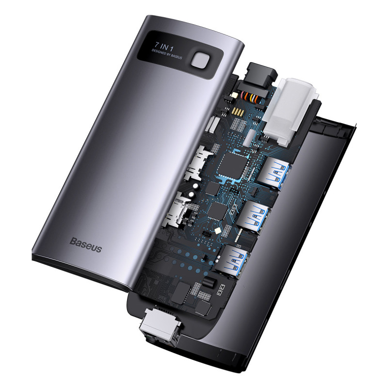 Prijungimo stotis HUB 7in1 USB-C 2xHDMI 3xUSB 3.2 1xPower Delivery RJ-45 Ethernet pilka