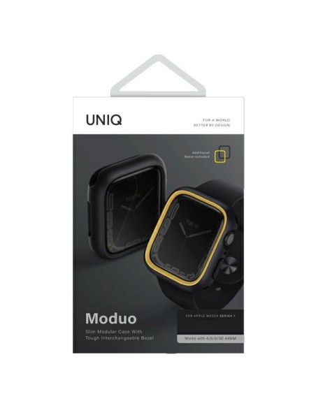 UNIQ Moduo dėklas Apple Watch 4/ 5/ 6/ 7/ 8/ 9/ SE/ SE2 44/ 45mm – juodas ir garstyčių spalvos UNIQ Moduo dėklas Apple Watch 4/ 5/ 6/ 7/ 8/ 9/ SE/ SE2 44/ 45mm – juodas ir garstyčių spalvos