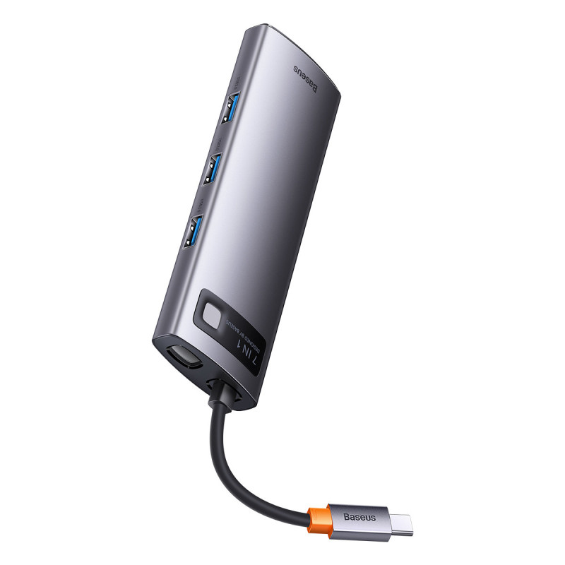Prijungimo stotis HUB 7in1 USB-C 2xHDMI 3xUSB 3.2 1xPower Delivery RJ-45 Ethernet pilka