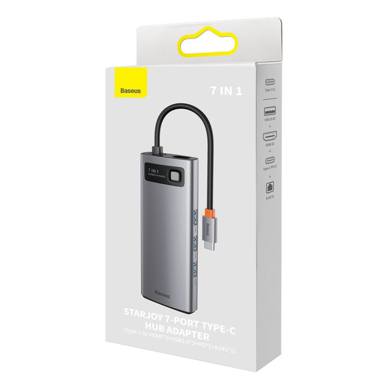 Prijungimo stotis HUB 7in1 USB-C 2xHDMI 3xUSB 3.2 1xPower Delivery RJ-45 Ethernet pilka