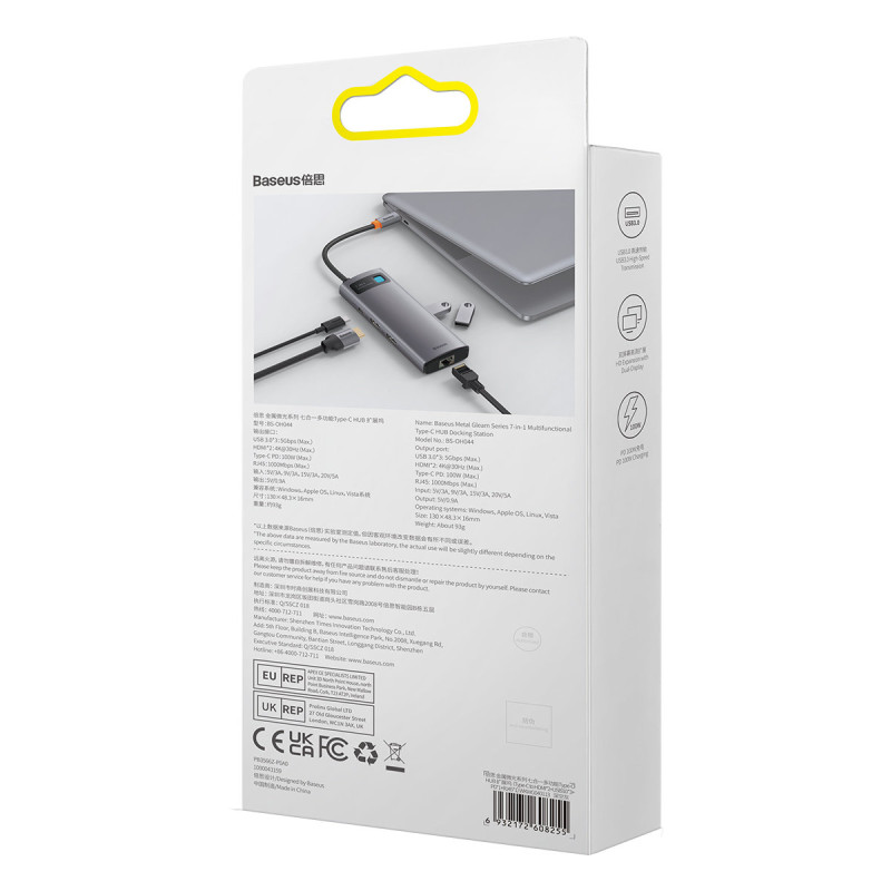 Prijungimo stotis HUB 7in1 USB-C 2xHDMI 3xUSB 3.2 1xPower Delivery RJ-45 Ethernet pilka