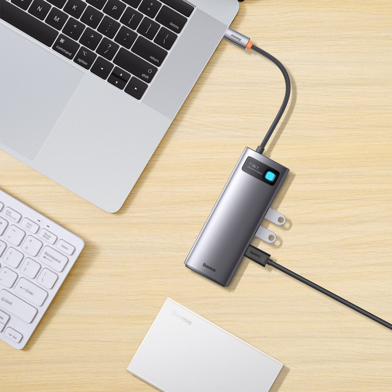 Prijungimo stotis HUB 7in1 USB-C 2xHDMI 3xUSB 3.2 1xPower Delivery RJ-45 Ethernet pilka