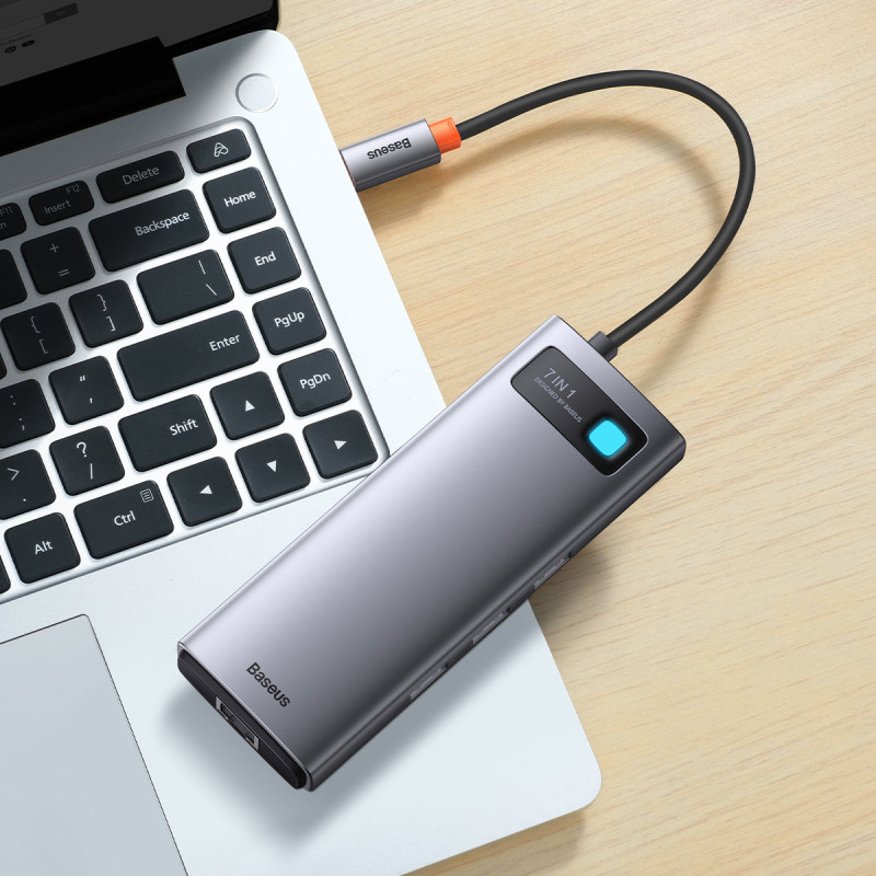 Prijungimo stotis HUB 7in1 USB-C 2xHDMI 3xUSB 3.2 1xPower Delivery RJ-45 Ethernet pilka