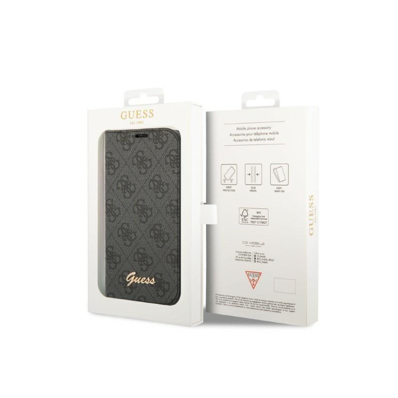 Guess 4G Vintage Gold Logo dėklas, skirtas iPhone 14 Plus - juodas