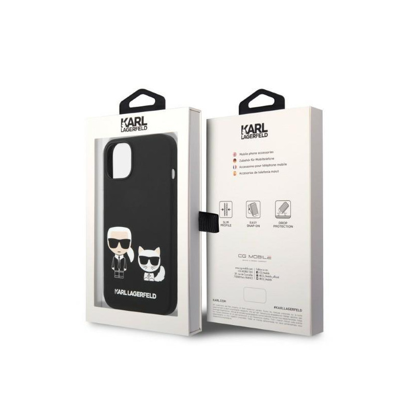 Karl Lagerfeld skystas silikonas Karl&Choupette MagSafe dėklas iPhone 14 Plus - juodas