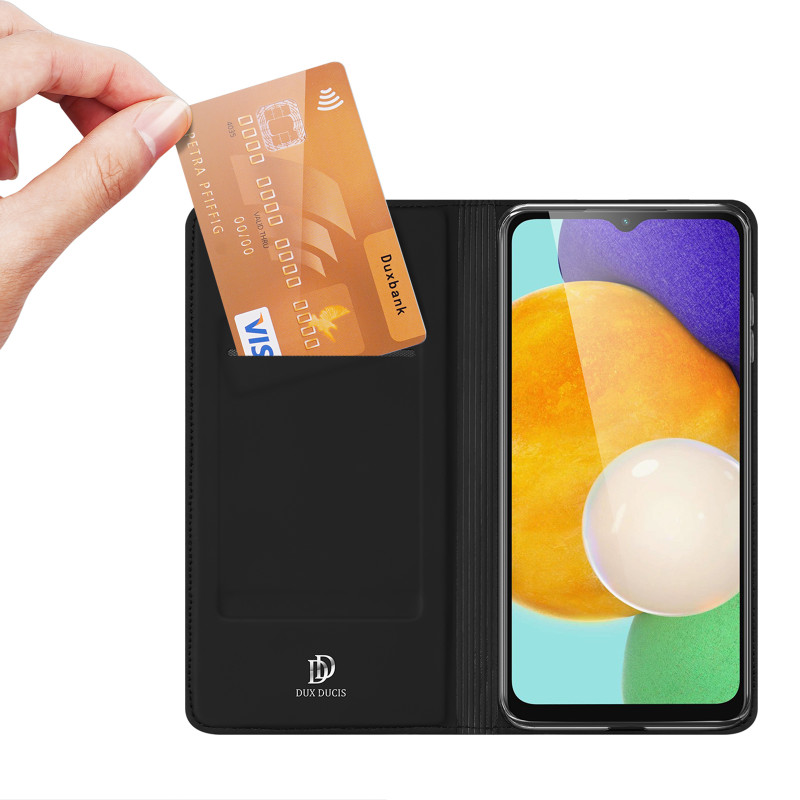 Dux Ducis Skin Pro dėklas, skirtas Samsung Galaxy A14 4G / 5G dangtelis su apverčiamu kortelių piniginės stovu juodas