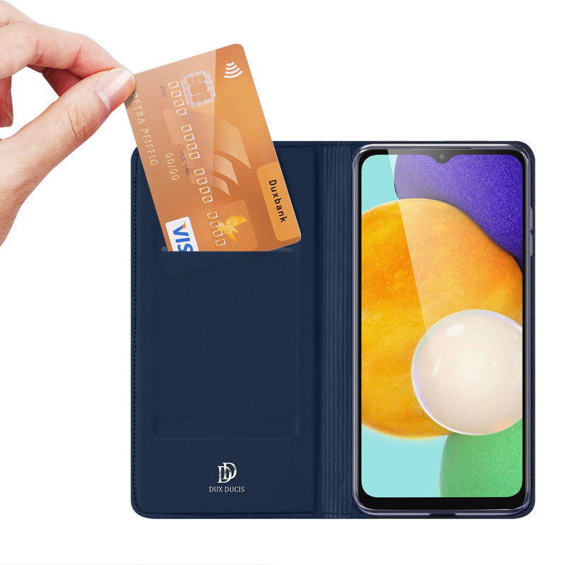 „Dux Ducis Skin Pro“ dėklas, skirtas „Samsung Galaxy A14 4G / 5G“ dangteliu su apverčiamu kortelės piniginės stovu mėlyn...