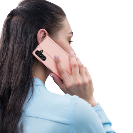 Dux Ducis Skin Pro dėklas, skirtas Samsung Galaxy A14 4G / 5G atverčiamas dangtelis kortelės piniginės stovas, rožinis Dux Ducis Skin Pro dėklas, skirtas Samsung Galaxy A14 4G / 5G atverčiamas dangtelis kortelės piniginės stovas, rožinis