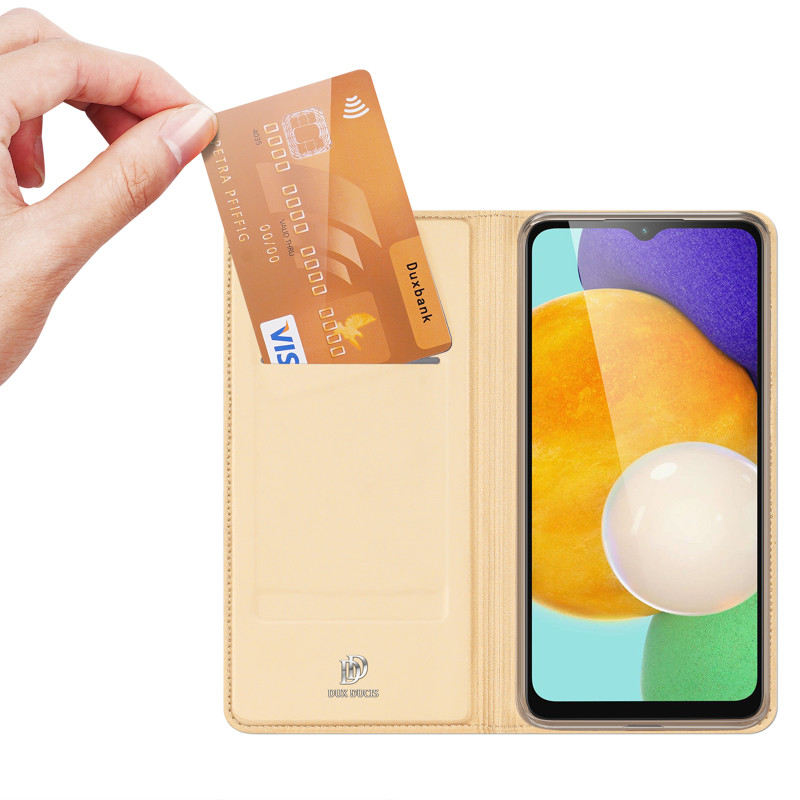 Dux Ducis Skin Pro dėklas, skirtas Samsung Galaxy A14 5G atverčiamas dangtelis kortelės piniginės stovas auksinis