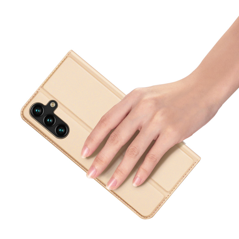 Dux Ducis Skin Pro dėklas, skirtas Samsung Galaxy A14 5G atverčiamas dangtelis kortelės piniginės stovas auksinis
