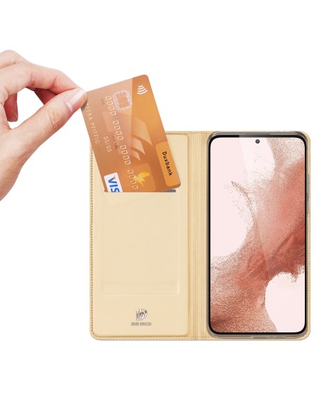 Dux Ducis Skin Pro dėklas, skirtas Samsung Galaxy S23 dangteliu su atvartu kortelės piniginės stovu auksinis