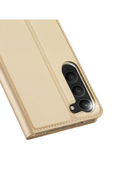 Dux Ducis Skin Pro dėklas, skirtas Samsung Galaxy S23 dangteliu su atvartu kortelės piniginės stovu auksinis