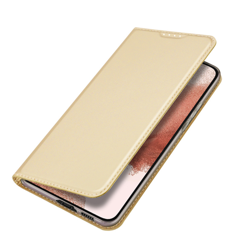 Dux Ducis Skin Pro dėklas, skirtas Samsung Galaxy S23 dangteliu su atvartu kortelės piniginės stovu auksinis