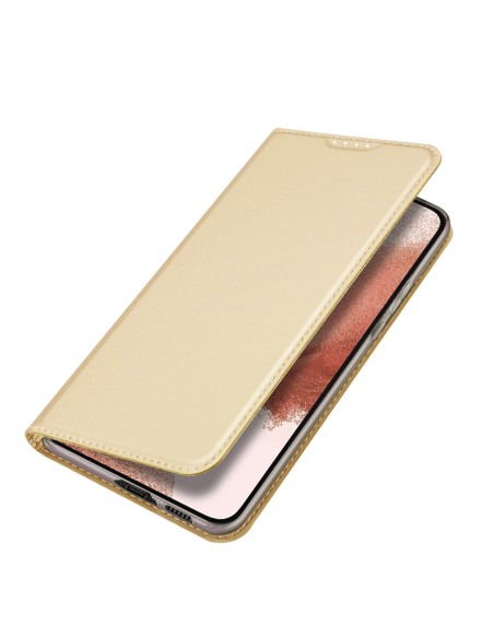 Dux Ducis Skin Pro dėklas, skirtas Samsung Galaxy S23 dangteliu su atvartu kortelės piniginės stovu auksinis