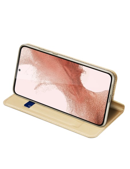 Dux Ducis Skin Pro dėklas, skirtas Samsung Galaxy S23 dangteliu su atvartu kortelės piniginės stovu auksinis