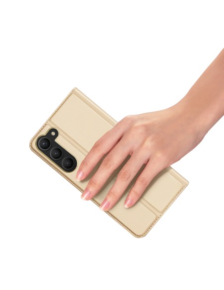 Dux Ducis Skin Pro dėklas, skirtas Samsung Galaxy S23 dangteliu su atvartu kortelės piniginės stovu auksinis