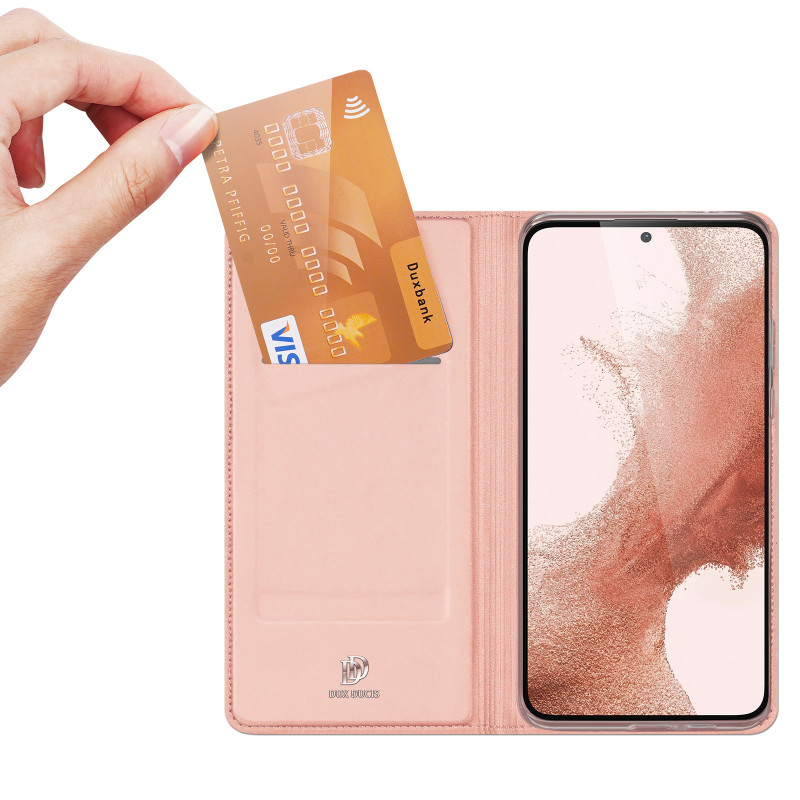 Dux Ducis Skin Pro dėklas, skirtas Samsung Galaxy S23+ dangtelis su atvartu kortelės piniginės stovu rožinis