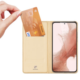 Dux Ducis Skin Pro dėklas, skirtas Samsung Galaxy S23+ dangtelis su atvartu kortelės piniginės stovu auksinis