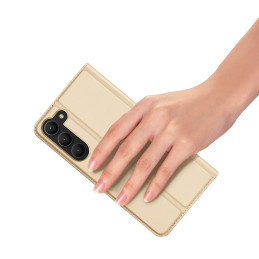 Dux Ducis Skin Pro dėklas, skirtas Samsung Galaxy S23+ dangtelis su atvartu kortelės piniginės stovu auksinis