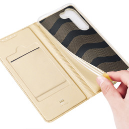 Dux Ducis Skin Pro dėklas, skirtas Samsung Galaxy S23+ dangtelis su atvartu kortelės piniginės stovu auksinis