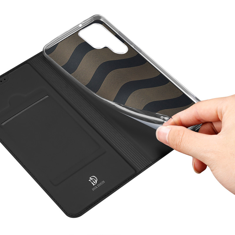 Dux Ducis Skin Pro dėklas, skirtas Samsung Galaxy S23 Ultra dangtelis su atvartu kortelės piniginės stovu juodas