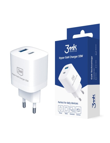 3mk Hyper Charger GaN 33W USB-C USB-A sieninis įkroviklis – baltas 3mk Hyper Charger GaN 33W USB-C USB-A sieninis įkroviklis – baltas
