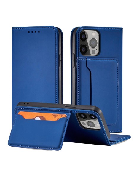 Magnetinės kortelės dėklas Samsung Galaxy S23, dangtelis su atvartu, piniginės stovas, mėlynas